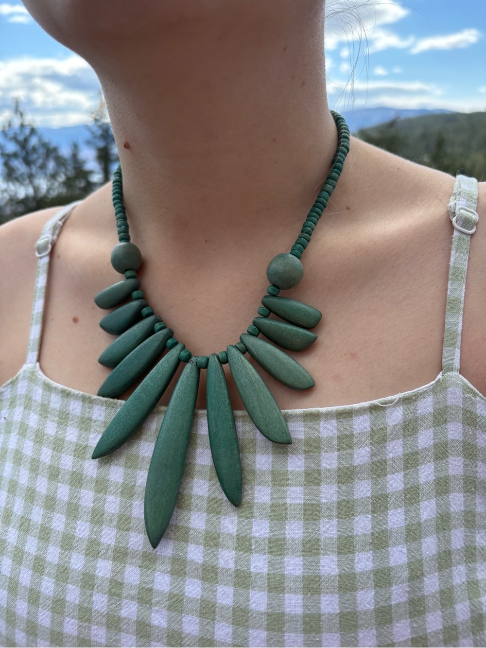 Teal Green Wooden Statement Piece Necklace